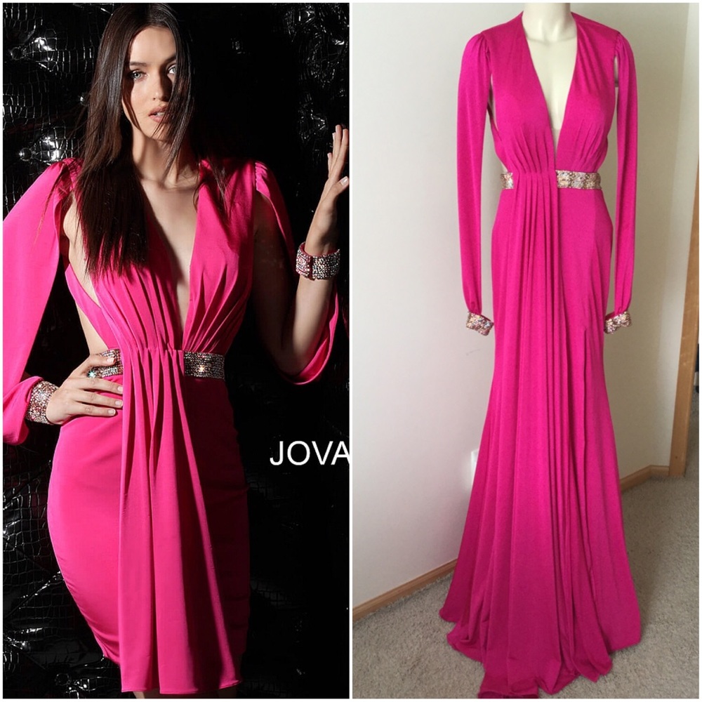 Hot Pink Plunging Neckline Open Back Gown NM61684